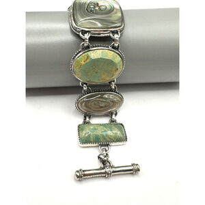 Sterling Silver Chunky Bracelet Abalone Shell & Green Turquoise Signed PB 8"